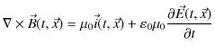 $\displaystyle \nabla\times\vec{B}(t,\vec{x})=\mu_{0}\vec{i}(t,\vec{x})+\varepsilon_{0}\mu_{0}\dfrac{\partial\vec{E}(t,\vec{x})}{\partial t}$