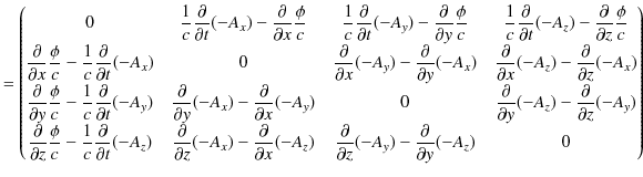 $\displaystyle =
 \begin{pmatrix}
 0 & \dfrac{1}{c}\dfrac{\partial}{\partial t}(...
...al}{\partial z}(-A_{y})-\dfrac{\partial}{\partial y}(-A_{z}) & 0
 \end{pmatrix}$